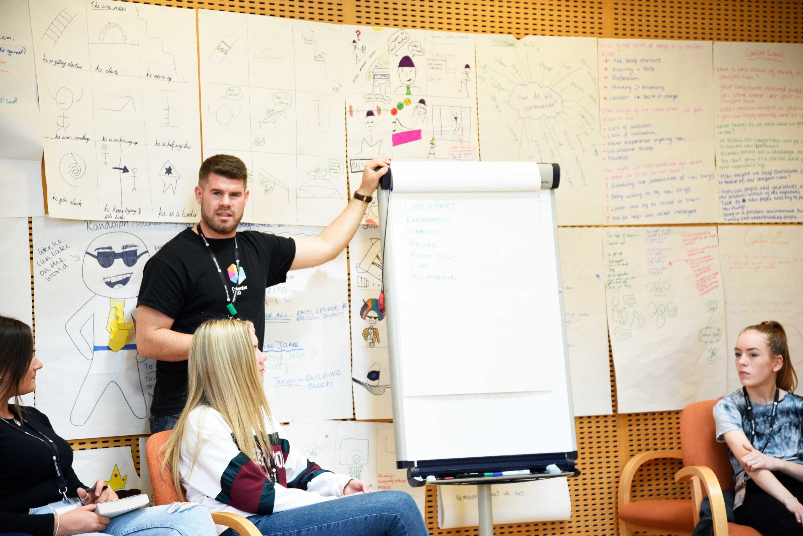 Man giving presentation in front of many handmade posters